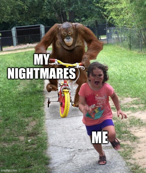 Orangutan chasing girl on a tricycle | MY NIGHTMARES; ME | image tagged in orangutan chasing girl on a tricycle | made w/ Imgflip meme maker