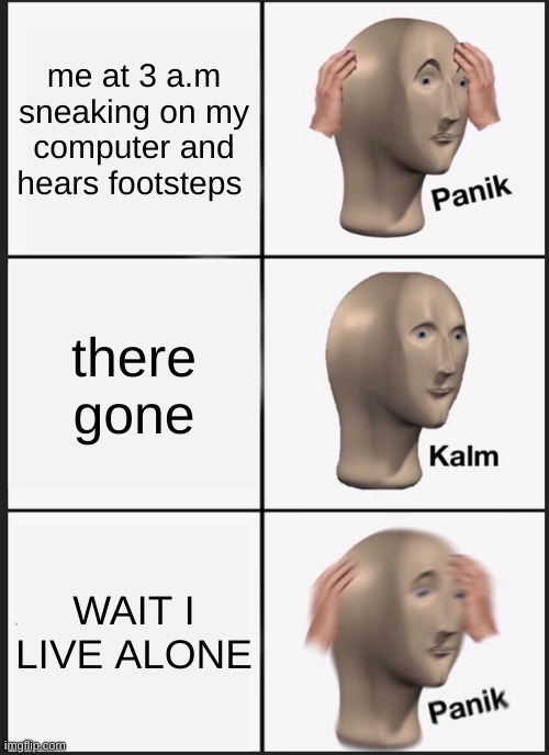 Panik Kalm Panik | me at 3 a.m sneaking on my computer and hears footsteps; there gone; WAIT I LIVE ALONE | image tagged in memes,panik kalm panik | made w/ Imgflip meme maker