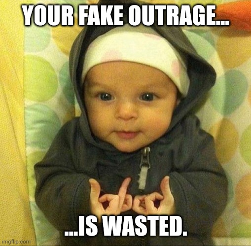 Baby blood | YOUR FAKE OUTRAGE... ...IS WASTED. | image tagged in baby blood | made w/ Imgflip meme maker