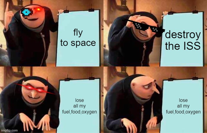 bye bye ISS | fly to space; destroy the ISS; lose all my fuel,food,oxygen; lose all my fuel,food,oxygen | image tagged in memes,gru's plan | made w/ Imgflip meme maker