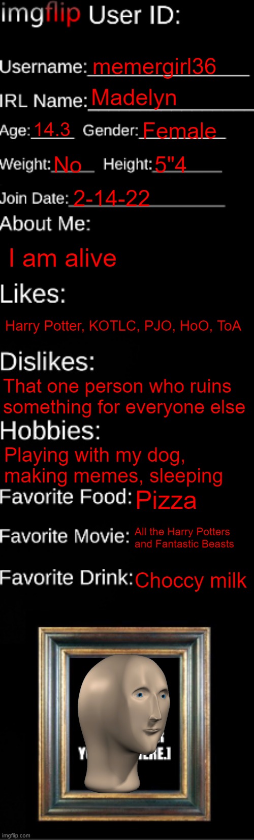 Because why not | memergirl36; Madelyn; 14.3; Female; No; 5"4; 2-14-22; I am alive; Harry Potter, KOTLC, PJO, HoO, ToA; That one person who ruins something for everyone else; Playing with my dog, making memes, sleeping; Pizza; All the Harry Potters and Fantastic Beasts; Choccy milk | image tagged in imgflip id card | made w/ Imgflip meme maker