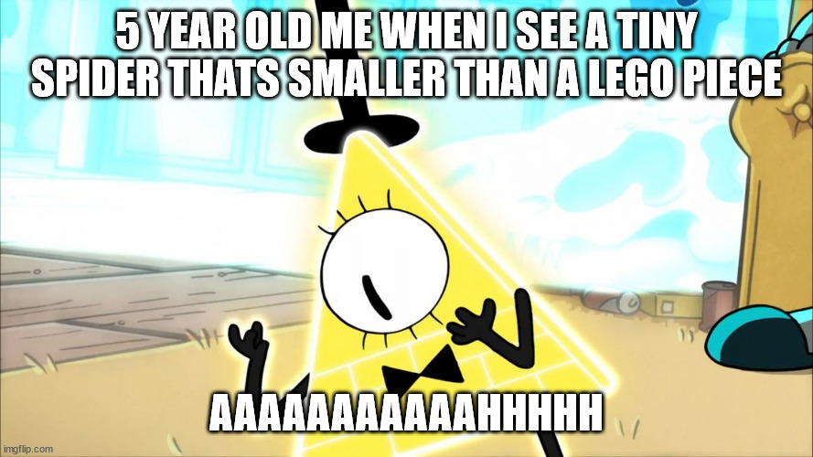 5 year old me | 5 YEAR OLD ME WHEN I SEE A TINY SPIDER THATS SMALLER THAN A LEGO PIECE; AAAAAAAAAAAHHHHH | image tagged in terrified bill cipher | made w/ Imgflip meme maker