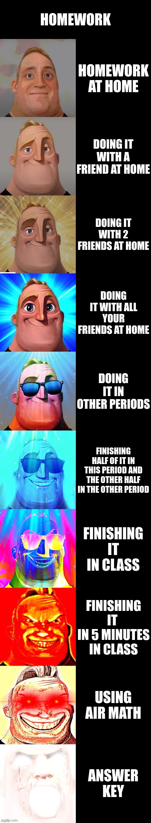 School memes are somewhat popluar these days | HOMEWORK; HOMEWORK AT HOME; DOING IT WITH A FRIEND AT HOME; DOING IT WITH 2 FRIENDS AT HOME; DOING IT WITH ALL YOUR FRIENDS AT HOME; DOING IT IN OTHER PERIODS; FINISHING HALF OF IT IN THIS PERIOD AND THE OTHER HALF IN THE OTHER PERIOD; FINISHING IT IN CLASS; FINISHING IT  IN 5 MINUTES IN CLASS; USING AIR MATH; ANSWER KEY | image tagged in mr incredible becoming canny | made w/ Imgflip meme maker