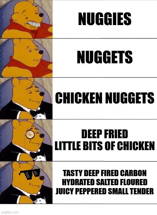 Chicken nuggets | NUGGIES; NUGGETS; CHICKEN NUGGETS; DEEP FRIED LITTLE BITS OF CHICKEN; TASTY DEEP FIRED CARBON HYDRATED SALTED FLOURED JUICY PEPPERED SMALL TENDER | image tagged in winnie the pooh v 20 | made w/ Imgflip meme maker