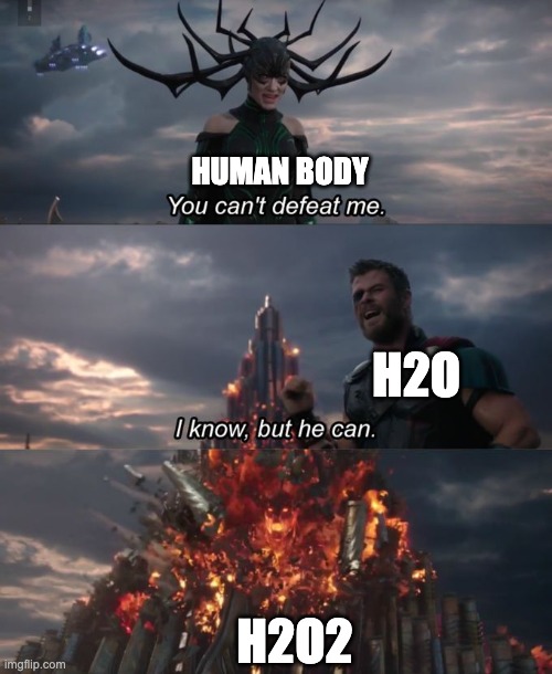 You can't defeat me | HUMAN BODY; H2O; H2O2 | image tagged in you can't defeat me | made w/ Imgflip meme maker