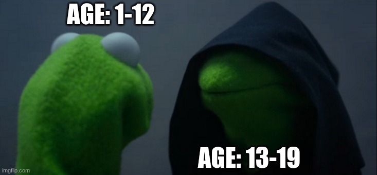 How aging works | AGE: 1-12; AGE: 13-19 | image tagged in memes,evil kermit | made w/ Imgflip meme maker