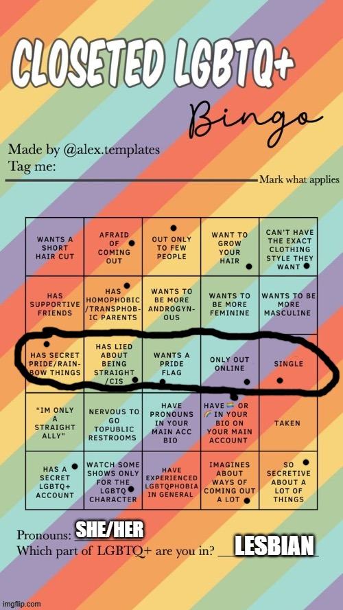 Closeted LGBTQ+ Bingo | SHE/HER; LESBIAN | image tagged in closeted lgbtq bingo | made w/ Imgflip meme maker