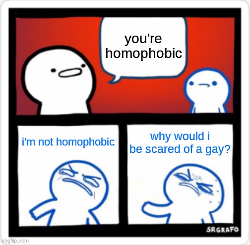 homophobia is literally the fear of homosexuals. not that you don't approve of them or like them. | you're homophobic; i'm not homophobic; why would i be scared of a gay? | image tagged in srgrafo disgusted by you | made w/ Imgflip meme maker