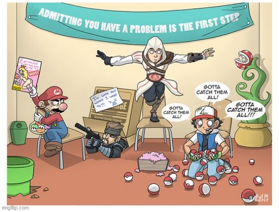 VIDEO GAMERS ANONYMOUS | image tagged in super mario,assassin's creed,ash ketchum,metal gear solid,comics/cartoons | made w/ Imgflip meme maker