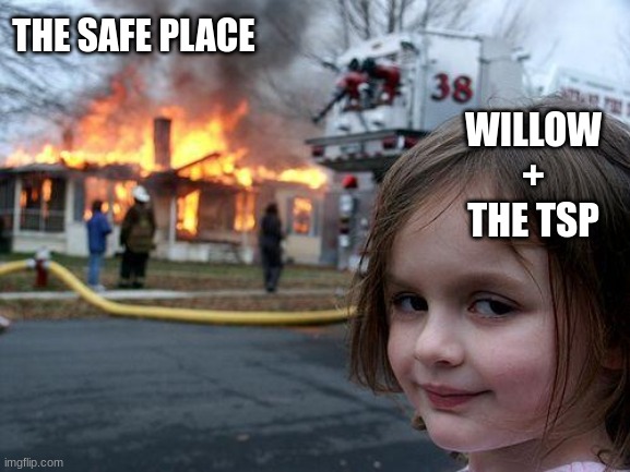 Gosh dang it willow | THE SAFE PLACE; WILLOW + THE TSP | image tagged in memes,disaster girl | made w/ Imgflip meme maker