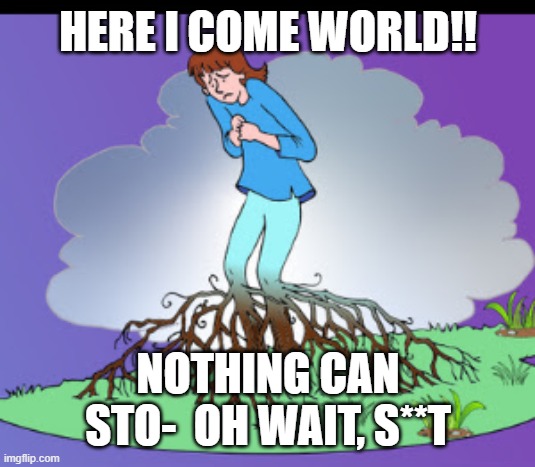 Stuck | HERE I COME WORLD!! NOTHING CAN STO-  OH WAIT, S**T | image tagged in memes | made w/ Imgflip meme maker