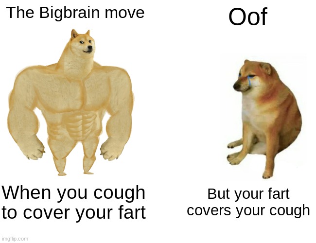 Buff Doge vs. Cheems | The Bigbrain move; Oof; When you cough to cover your fart; But your fart covers your cough | image tagged in memes,buff doge vs cheems | made w/ Imgflip meme maker