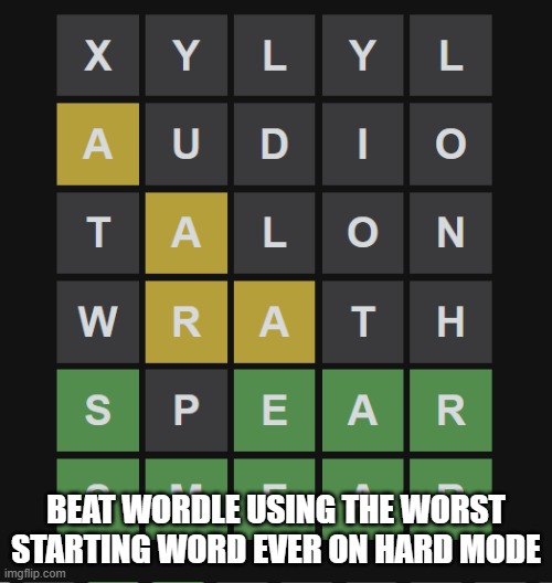 BEAT WORDLE USING THE WORST STARTING WORD EVER ON HARD MODE | image tagged in e | made w/ Imgflip meme maker