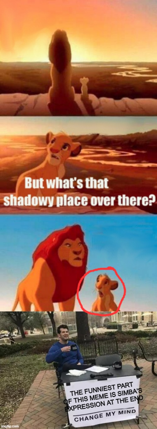 THE FUNNIEST PART OF THIS MEME IS SIMBA'S EXPRESSION AT THE END | image tagged in memes,simba shadowy place,change my mind | made w/ Imgflip meme maker