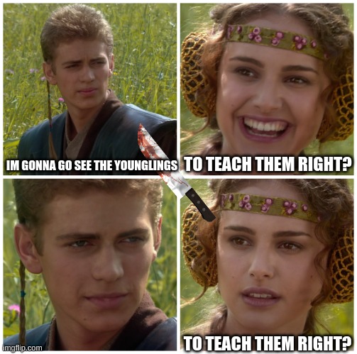 I’m going to change the world. For the better right? Star Wars. |  IM GONNA GO SEE THE YOUNGLINGS; TO TEACH THEM RIGHT? TO TEACH THEM RIGHT? | image tagged in i m going to change the world for the better right star wars | made w/ Imgflip meme maker