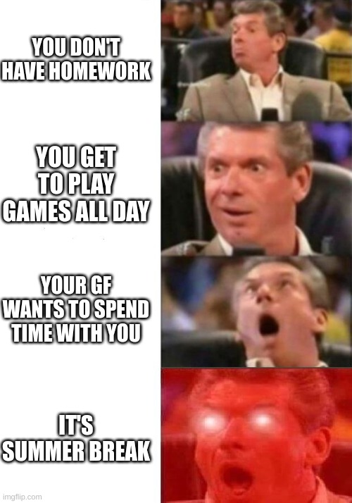 good luck |  YOU DON'T HAVE HOMEWORK; YOU GET TO PLAY GAMES ALL DAY; YOUR GF WANTS TO SPEND TIME WITH YOU; IT'S SUMMER BREAK | image tagged in mr mcmahon reaction | made w/ Imgflip meme maker