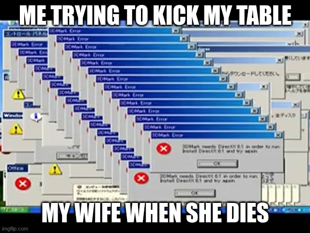 Windows Errors | ME TRYING TO KICK MY TABLE; MY WIFE WHEN SHE DIES | image tagged in windows errors | made w/ Imgflip meme maker