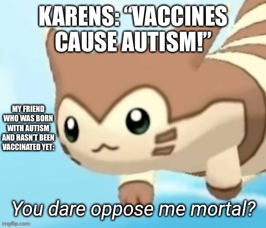 Take that Karens! |  KARENS: “VACCINES CAUSE AUTISM!”; MY FRIEND WHO WAS BORN WITH AUTISM AND HASN’T BEEN VACCINATED YET: | image tagged in furret you dare oppose me mortal,karen | made w/ Imgflip meme maker