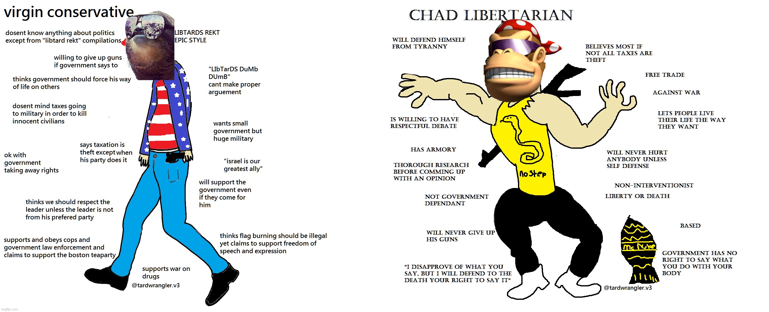Satire | image tagged in virgin vs chad | made w/ Imgflip meme maker