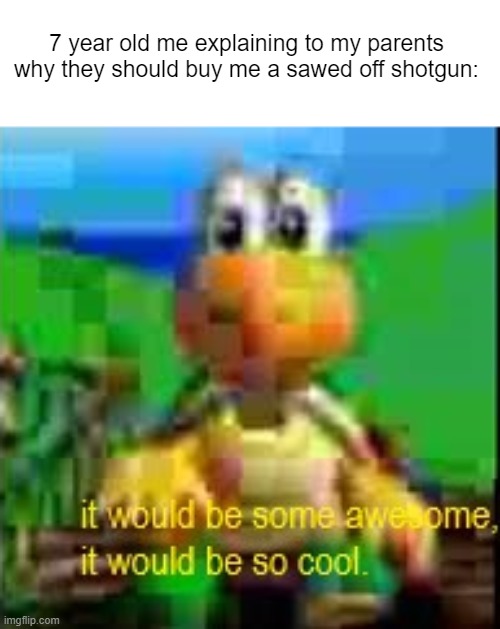 firearms are awesome | 7 year old me explaining to my parents why they should buy me a sawed off shotgun: | image tagged in gun,koopa,mario | made w/ Imgflip meme maker