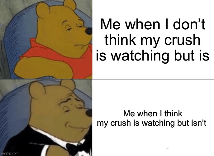 Tuxedo Winnie The Pooh | Me when I don’t think my crush is watching but is; Me when I think my crush is watching but isn’t | image tagged in memes,tuxedo winnie the pooh | made w/ Imgflip meme maker