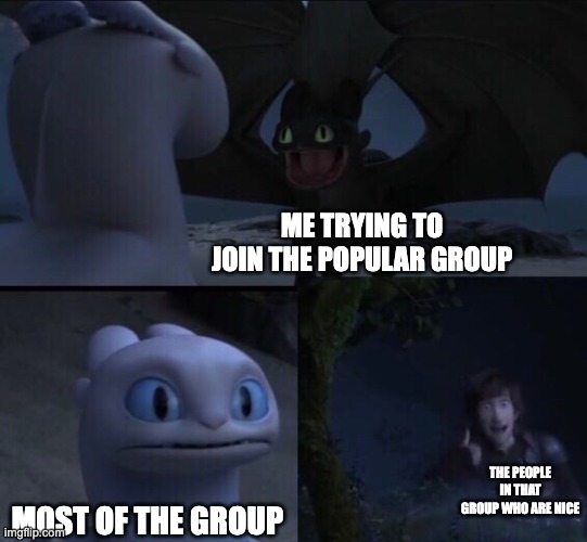 TOOTHLESS | ME TRYING TO JOIN THE POPULAR GROUP; THE PEOPLE IN THAT GROUP WHO ARE NICE; MOST OF THE GROUP | image tagged in how to train your dragon 3 | made w/ Imgflip meme maker