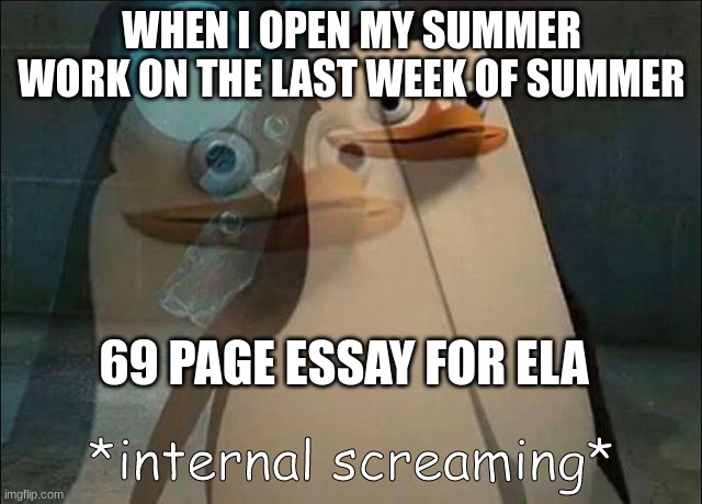 image title | WHEN I OPEN MY SUMMER WORK ON THE LAST WEEK OF SUMMER; 69 PAGE ESSAY FOR ELA | image tagged in private internal screaming | made w/ Imgflip meme maker