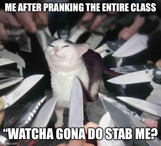 smug cat surrounded by knives | ME AFTER PRANKING THE ENTIRE CLASS; “WATCHA GONA DO STAB ME? | image tagged in smug cat surrounded by knives | made w/ Imgflip meme maker