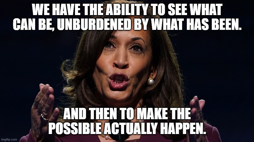 Veep Thoughts by Kamala Harris | WE HAVE THE ABILITY TO SEE WHAT CAN BE, UNBURDENED BY WHAT HAS BEEN. AND THEN TO MAKE THE POSSIBLE ACTUALLY HAPPEN. | image tagged in funny memes | made w/ Imgflip meme maker