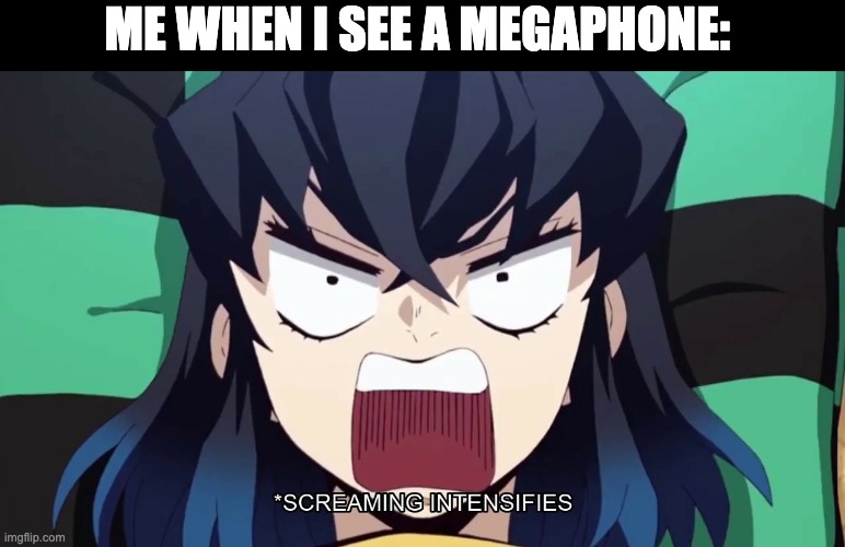 Ah | ME WHEN I SEE A MEGAPHONE: | image tagged in demon slayer inosuke screaming | made w/ Imgflip meme maker