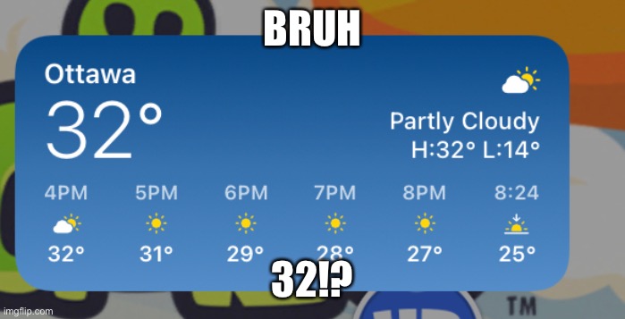 My temperatures in ottawa -_- | BRUH; 32!? | image tagged in bruh | made w/ Imgflip meme maker