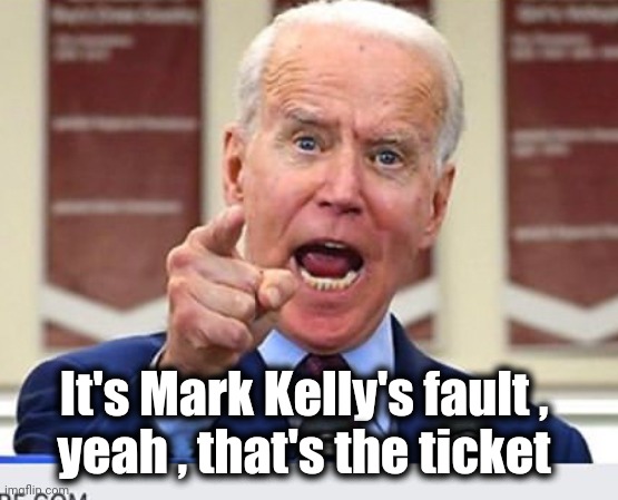 Joe Biden no malarkey | It's Mark Kelly's fault , 
yeah , that's the ticket | image tagged in joe biden no malarkey | made w/ Imgflip meme maker