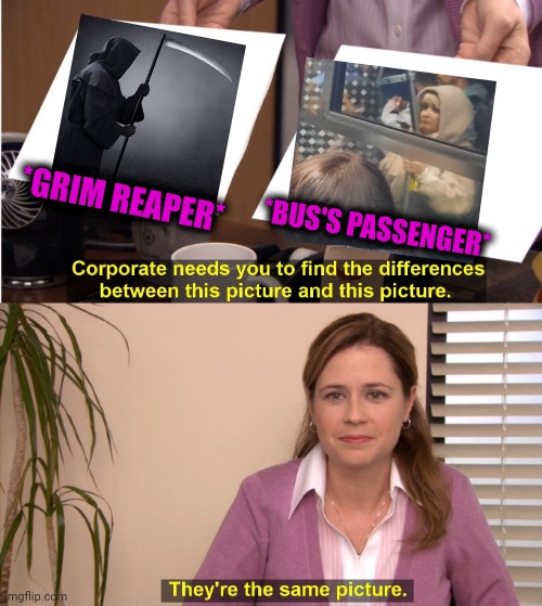 -Female with sharp weapon. | *GRIM REAPER*; *BUS'S PASSENGER* | image tagged in memes,they're the same picture,bus,passenger,grim reaper,triangles are sharp | made w/ Imgflip meme maker