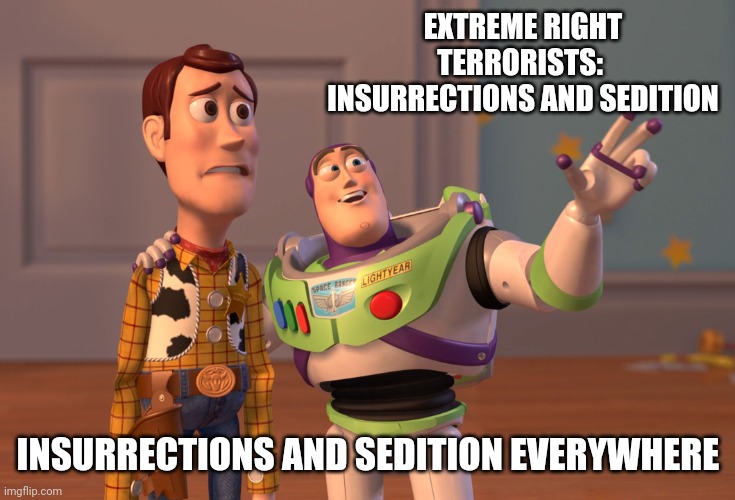 X, X Everywhere Meme | EXTREME RIGHT TERRORISTS:  INSURRECTIONS AND SEDITION INSURRECTIONS AND SEDITION EVERYWHERE | image tagged in memes,x x everywhere | made w/ Imgflip meme maker