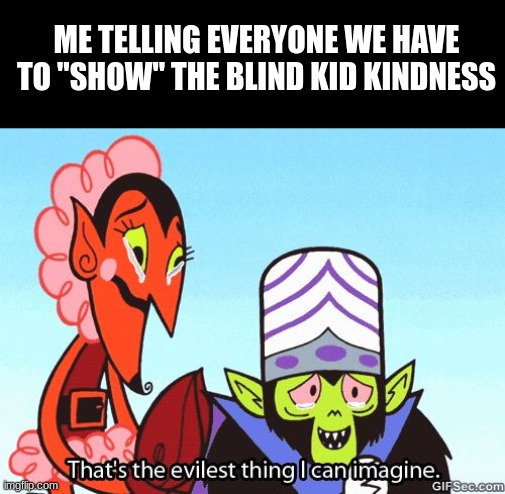 Show everyone kindness | ME TELLING EVERYONE WE HAVE TO "SHOW" THE BLIND KID KINDNESS | image tagged in that's the evilest thing i can imagine | made w/ Imgflip meme maker
