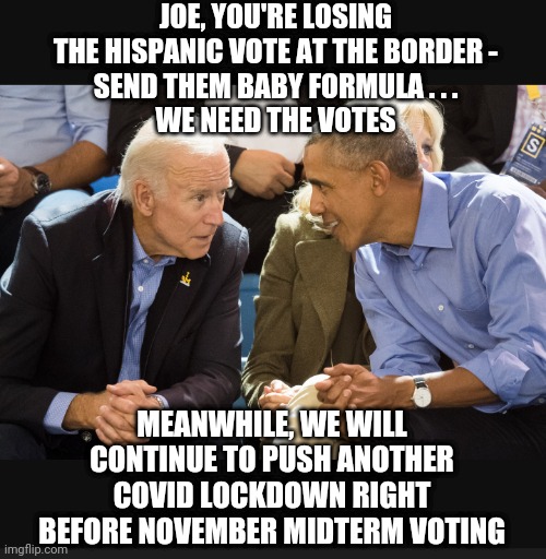 Here It Comes | JOE, YOU'RE LOSING THE HISPANIC VOTE AT THE BORDER -
 SEND THEM BABY FORMULA . . . 
WE NEED THE VOTES; MEANWHILE, WE WILL CONTINUE TO PUSH ANOTHER COVID LOCKDOWN RIGHT BEFORE NOVEMBER MIDTERM VOTING | image tagged in obama,biden,baby,liberals,democrats,midterms | made w/ Imgflip meme maker