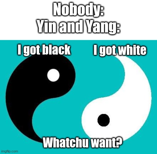 insert title here | Nobody:; Yin and Yang:; I got black; I got white; Whatchu want? | image tagged in yin yang,i got black i got white what ya want | made w/ Imgflip meme maker