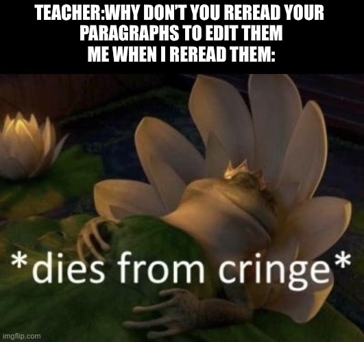Dies from cringe | TEACHER:WHY DON’T YOU REREAD YOUR 
PARAGRAPHS TO EDIT THEM
ME WHEN I REREAD THEM: | image tagged in dies from cringe | made w/ Imgflip meme maker