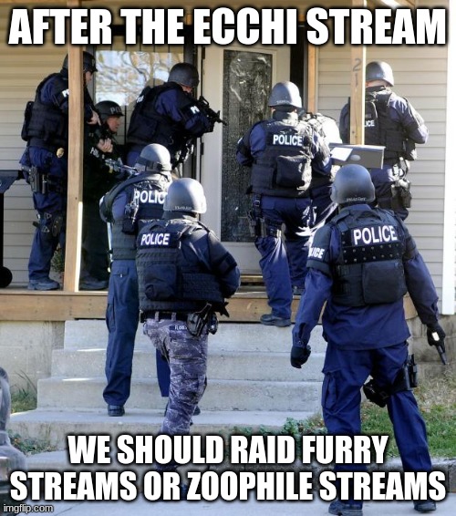 Police Savior |  AFTER THE ECCHI STREAM; WE SHOULD RAID FURRY STREAMS OR ZOOPHILE STREAMS | image tagged in police savior | made w/ Imgflip meme maker