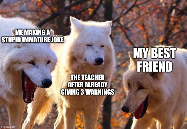 School |  ME MAKING A STUPID IMMATURE JOKE; MY BEST FRIEND; THE TEACHER AFTER ALREADY GIVING 3 WARNINGS | image tagged in 2/3 wolves laugh | made w/ Imgflip meme maker
