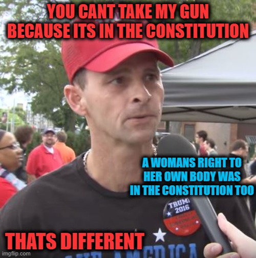 RVW | YOU CANT TAKE MY GUN BECAUSE ITS IN THE CONSTITUTION; A WOMANS RIGHT TO HER OWN BODY WAS IN THE CONSTITUTION TOO; THATS DIFFERENT | image tagged in trump supporter,rvw,memes,hypocrisy,gun control,freedom | made w/ Imgflip meme maker