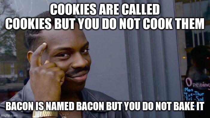 It is true though | COOKIES ARE CALLED COOKIES BUT YOU DO NOT COOK THEM; BACON IS NAMED BACON BUT YOU DO NOT BAKE IT | image tagged in memes,roll safe think about it | made w/ Imgflip meme maker