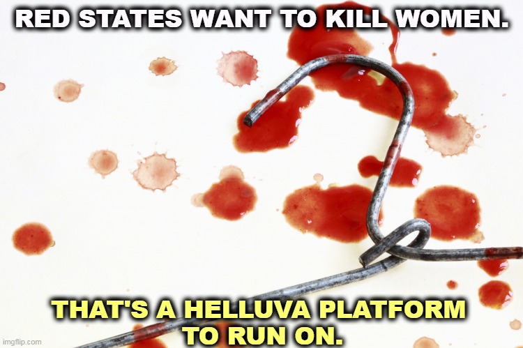 Republicans hate women. Aren't you proud? | RED STATES WANT TO KILL WOMEN. THAT'S A HELLUVA PLATFORM 
TO RUN ON. | image tagged in right wing,republicans,hate,women,abortion | made w/ Imgflip meme maker
