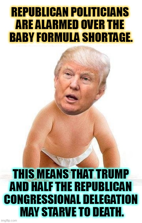 Waaaahhhhh!!!! |  REPUBLICAN POLITICIANS 

ARE ALARMED OVER THE 
BABY FORMULA SHORTAGE. THIS MEANS THAT TRUMP 
AND HALF THE REPUBLICAN 
CONGRESSIONAL DELEGATION 
MAY STARVE TO DEATH. | image tagged in baby,food,shortage,republican,politicians,trump | made w/ Imgflip meme maker