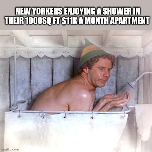 NEW YORKERS ENJOYING A SHOWER IN THEIR 1000SQ FT $11K A MONTH APARTMENT | image tagged in funny memes | made w/ Imgflip meme maker