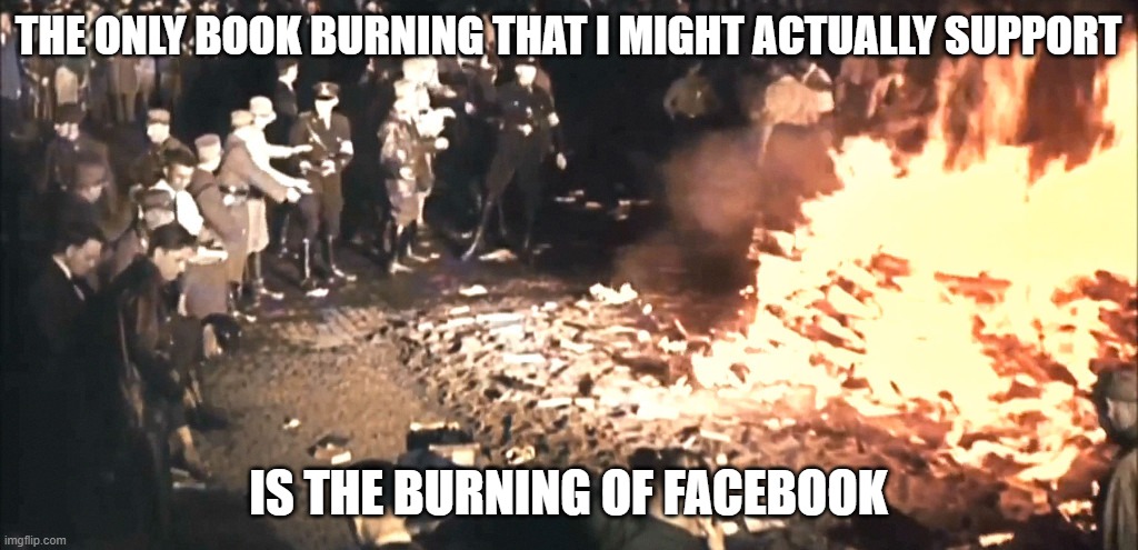 Book burning | THE ONLY BOOK BURNING THAT I MIGHT ACTUALLY SUPPORT; IS THE BURNING OF FACEBOOK | image tagged in book burning | made w/ Imgflip meme maker