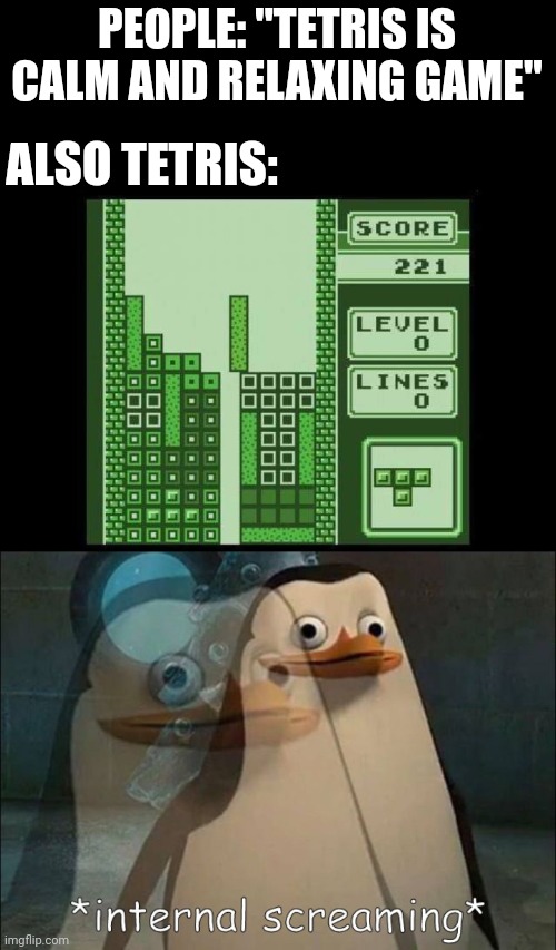 IT'S A GLITCH. THE GAME HATES YOU | PEOPLE: "TETRIS IS CALM AND RELAXING GAME"; ALSO TETRIS: | image tagged in private internal screaming,tetris,fail,glitch,video games,gaming | made w/ Imgflip meme maker