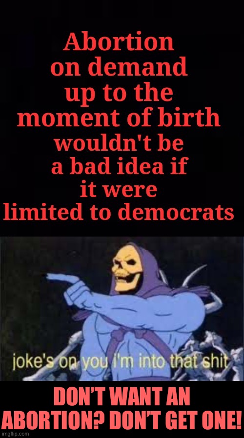 It would be wonderful if abortion bans only applied to Republicans! | DON’T WANT AN ABORTION? DON’T GET ONE! | image tagged in abortion limited to democrats,jokes on you im into that shit,abortion,pro-choice | made w/ Imgflip meme maker