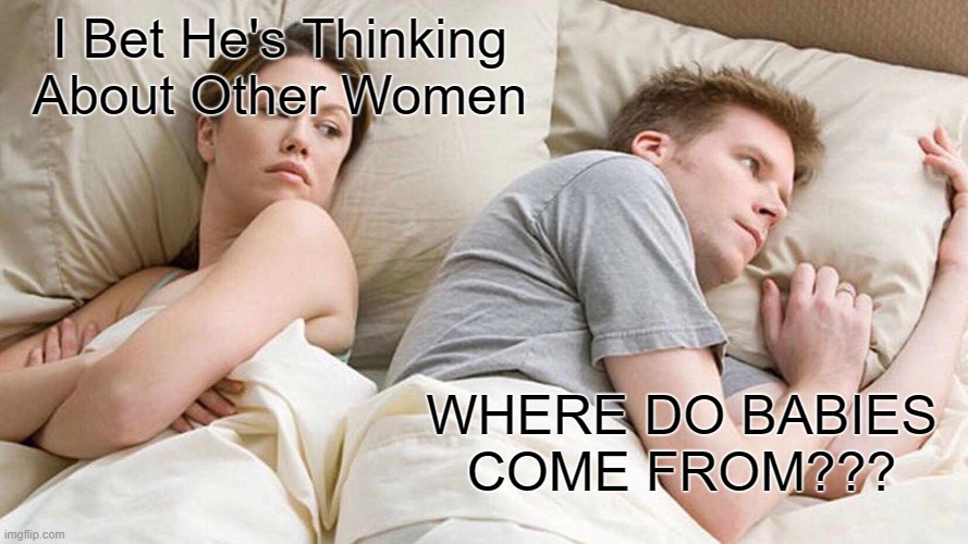 I Bet He's Thinking About Other Women | I Bet He's Thinking About Other Women; WHERE DO BABIES COME FROM??? | image tagged in memes,i bet he's thinking about other women | made w/ Imgflip meme maker