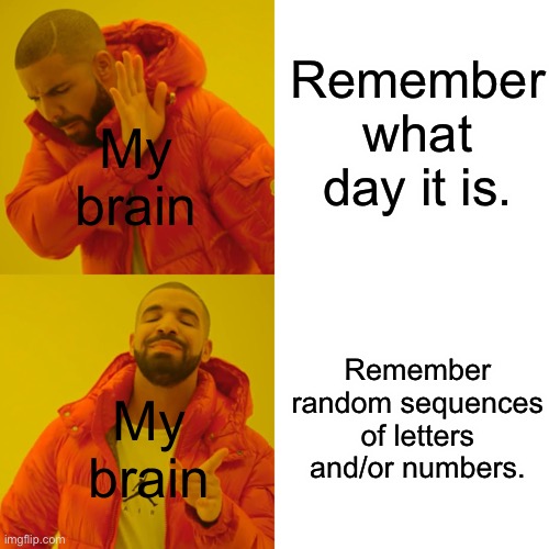 It’s Tru Tho | Remember what day it is. My brain; Remember random sequences of letters and/or numbers. My brain | image tagged in memes,drake hotline bling | made w/ Imgflip meme maker